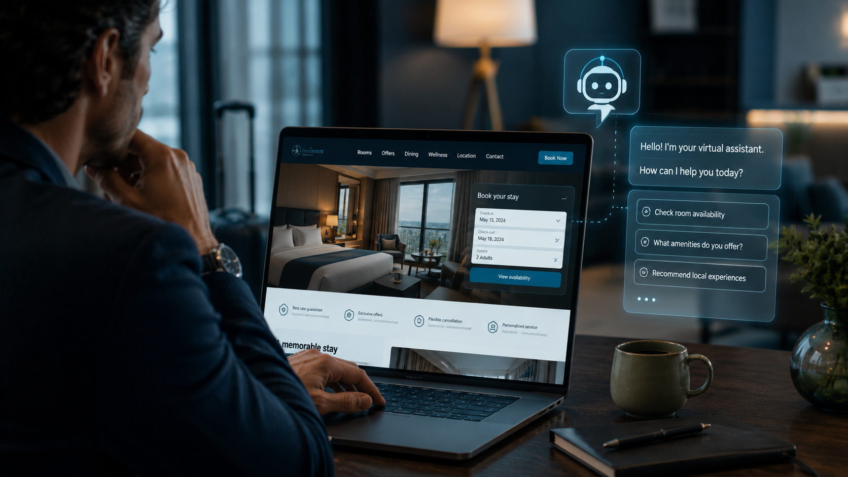 Agente IA en la web de un hotel ayudando en reservas y atención al cliente