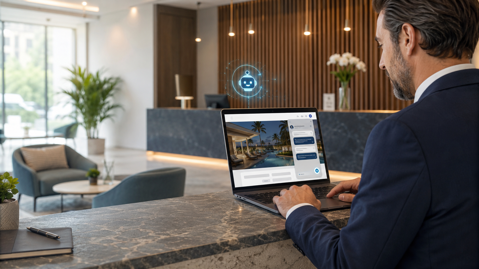 Agente IA en la web de un hotel atendiendo dudas y apoyando la reserva directa