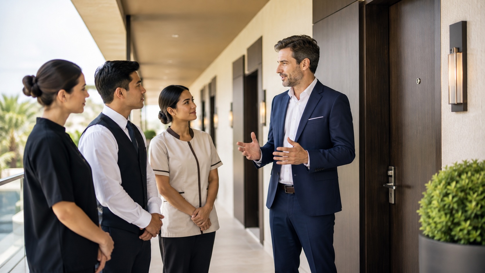 IA para formación de equipos hoteleros con grupo de empleados revisando procedimientos y contenidos internos