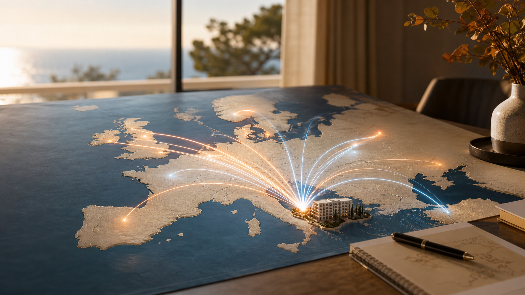 Flujos de demanda europea convergen hacia un hotel mediterráneo al comienzo del otoño