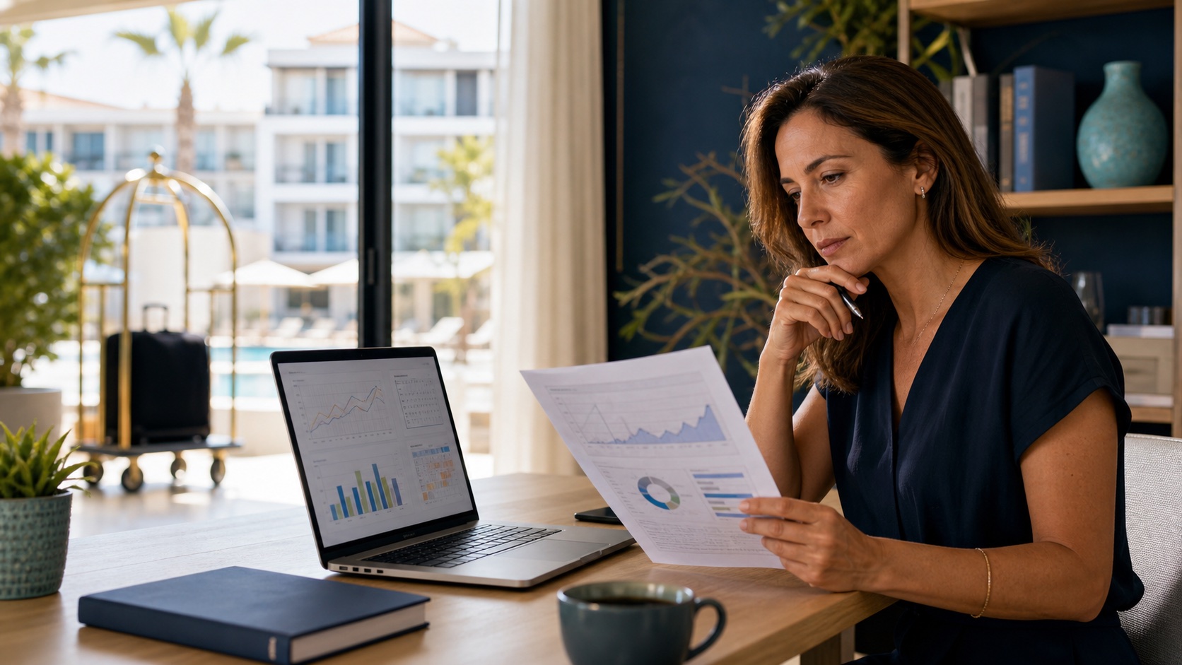 Directora de hotel comparando el forecast con el presupuesto mensual