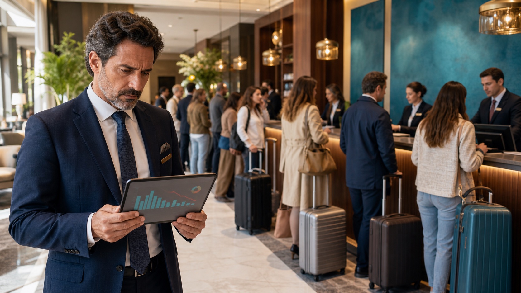 Director de hotel analizando la rentabilidad durante una jornada de alta ocupación
