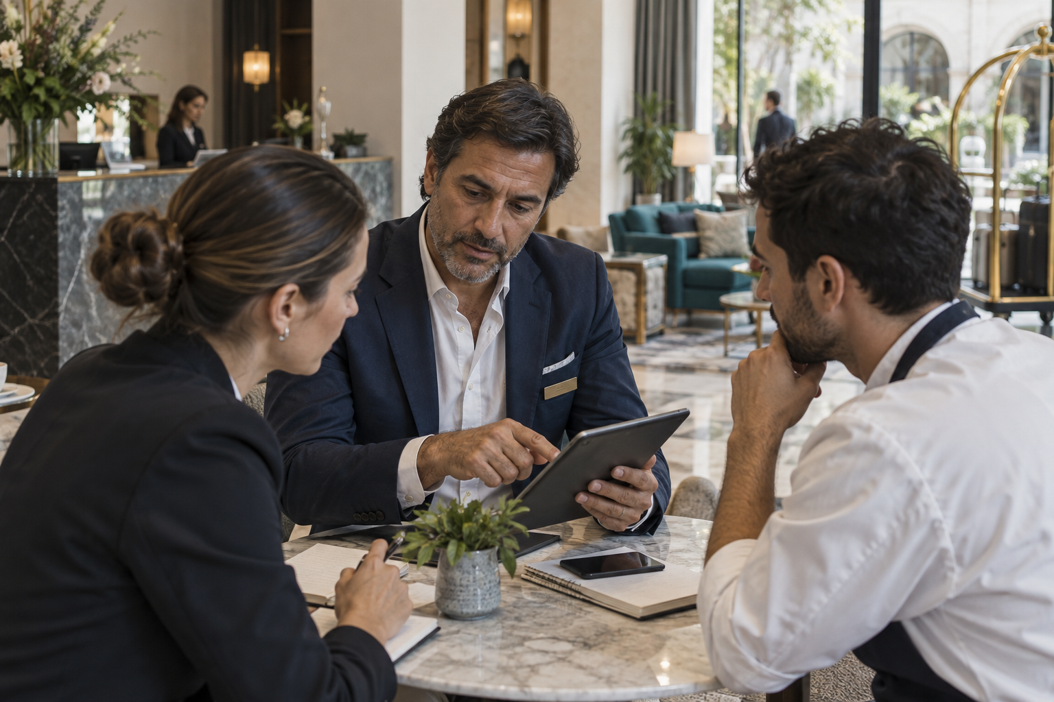 Director de hotel coordinando una decisión con su equipo