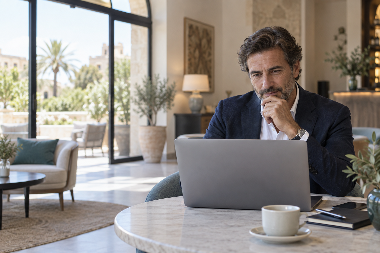 Propietario de un hotel revisando una decisión económica